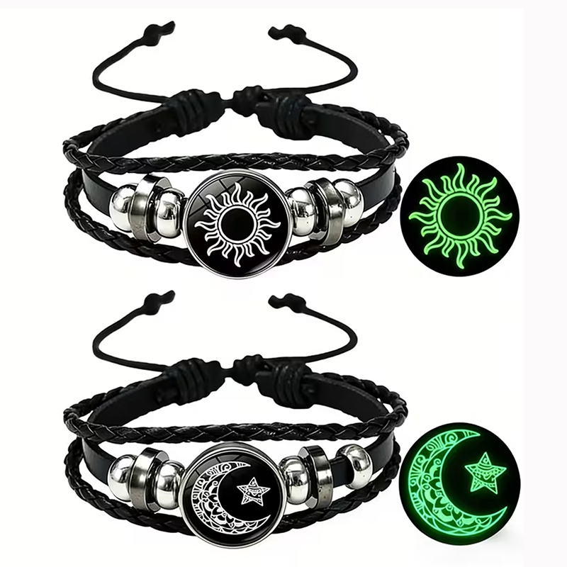 Snap Fastener Set - 2er-Set Leuchtende Sonne-Mond-Paar-Armbänder mit Glas-Druckknopf, Mehrschichtiges